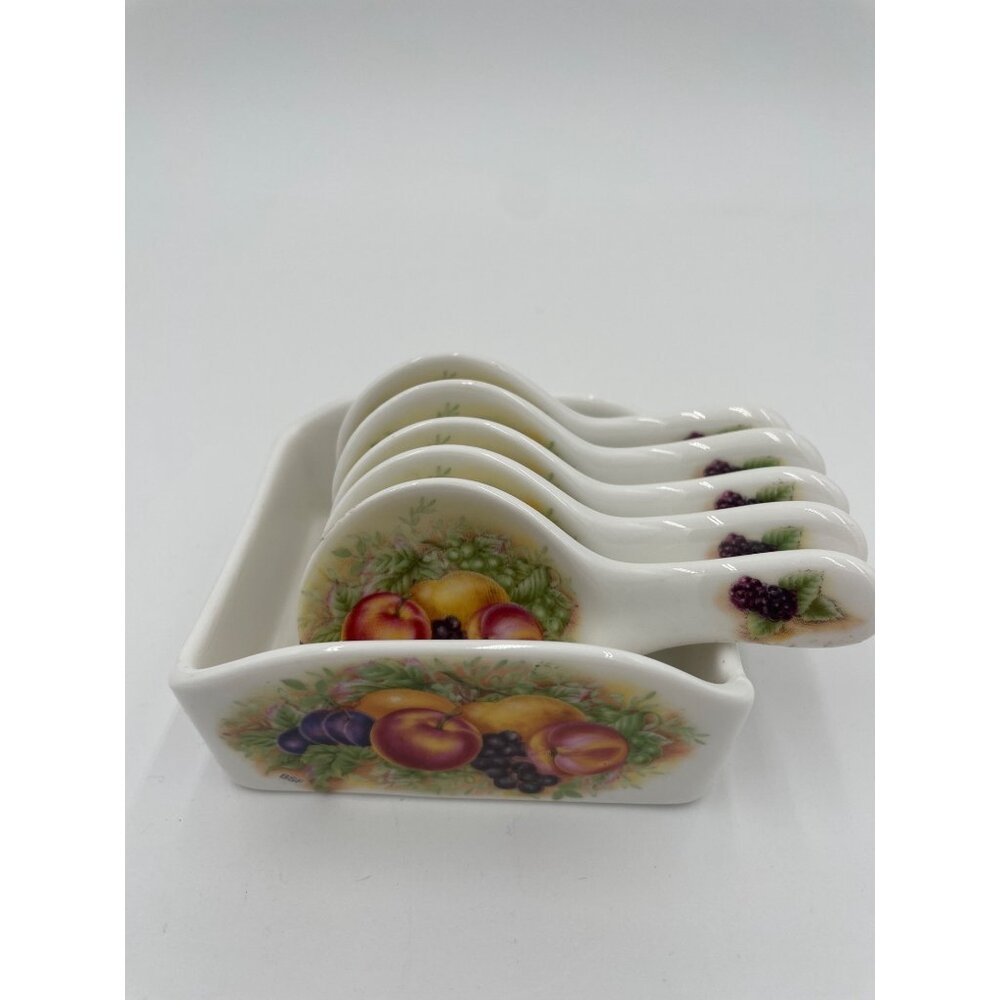 Set Of 6 Miniature Ultra Bone China Fruit Design Spoon Rests Holder - Picture 2 of 7